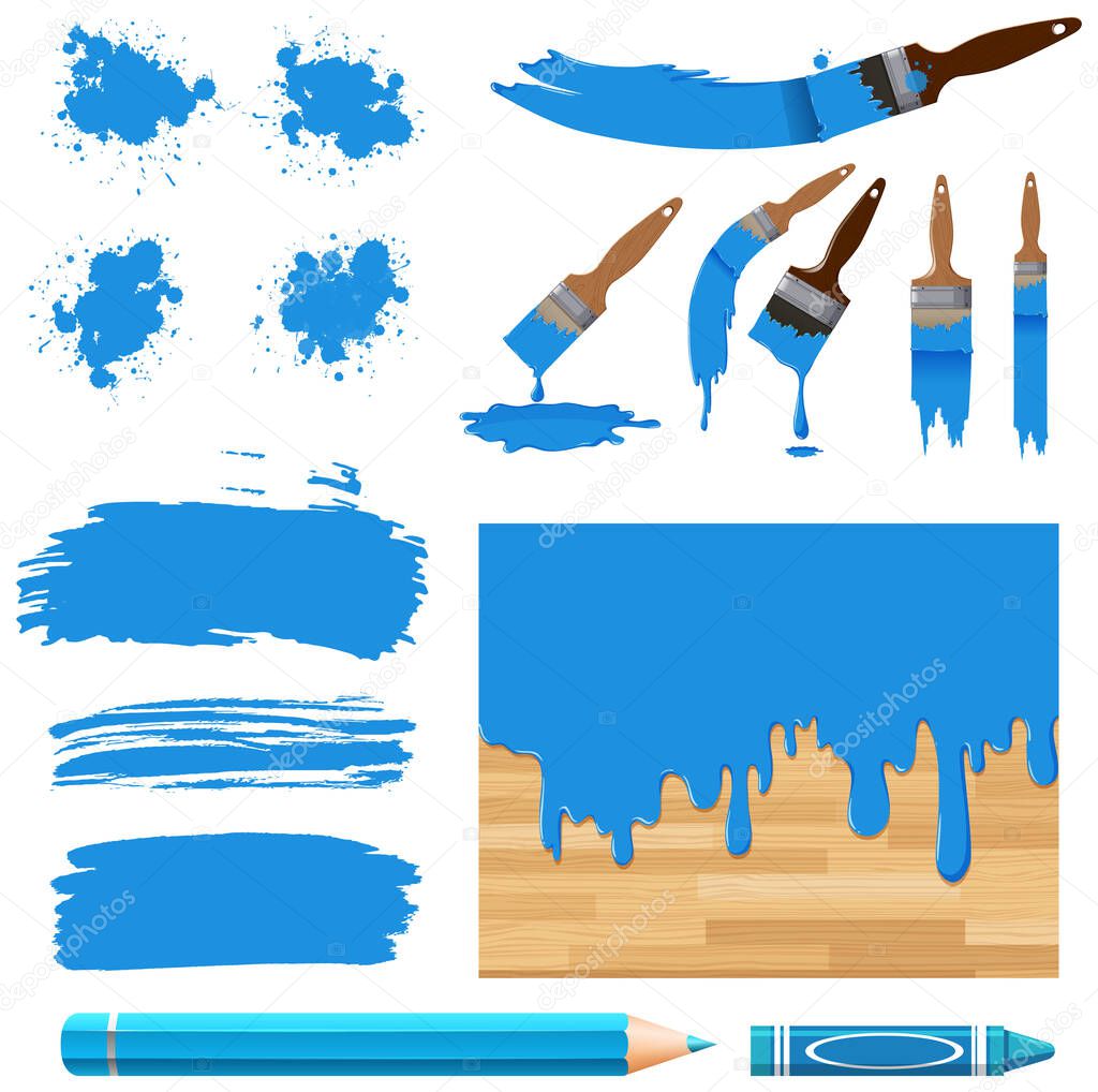 Set of watercolor painting in blue with equipments  illustration