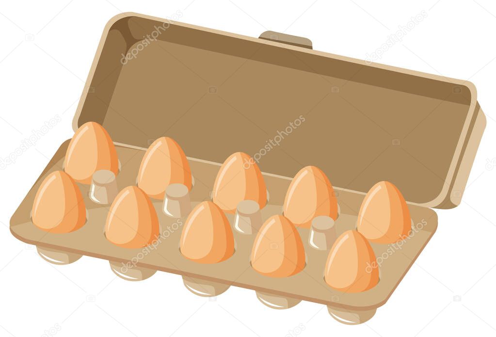 Ten fresh eggs in paper carton on white background illustration