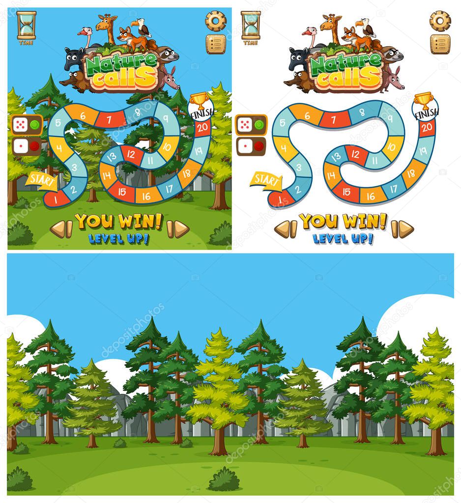 Background design for game with animals and forest background illustration