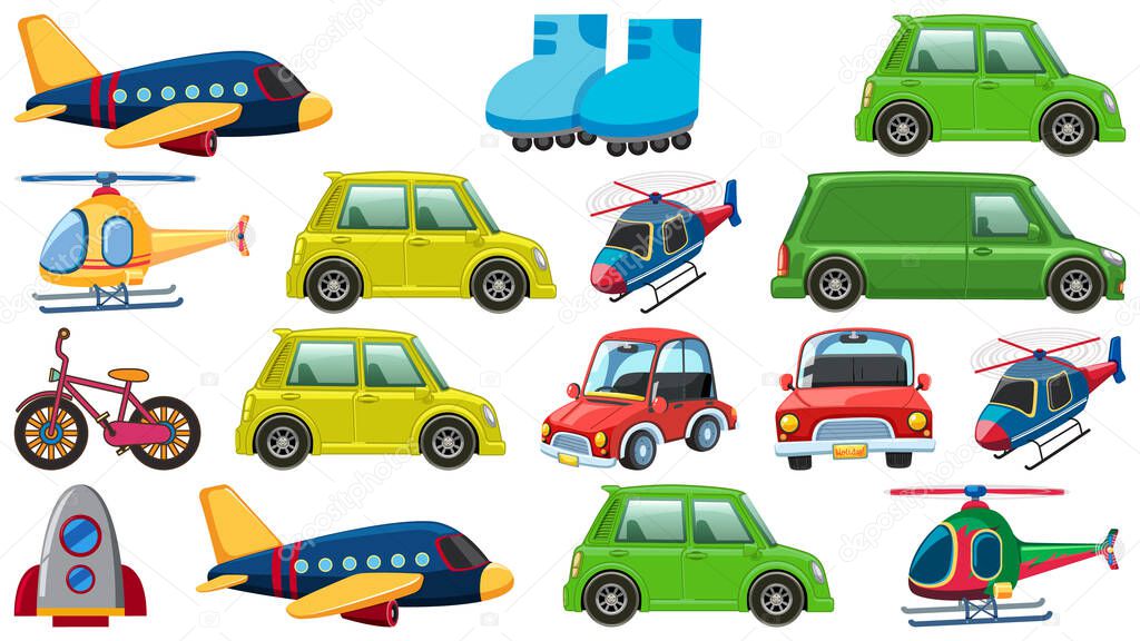 Set of many types of transportations on white background illustration