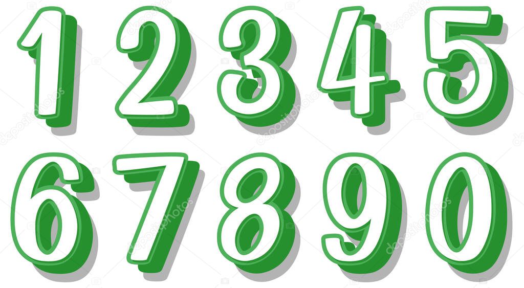 Font design for numbers one to zero on white background illustration