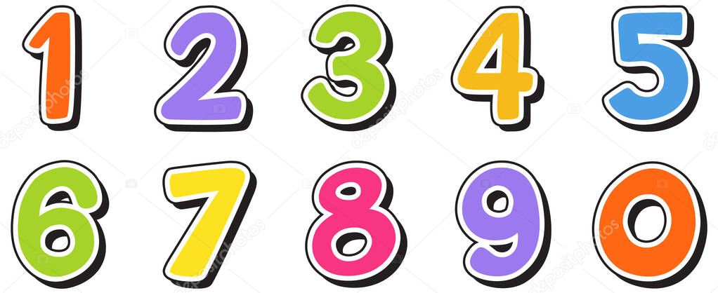 Font design for numbers one to zero on white background illustration