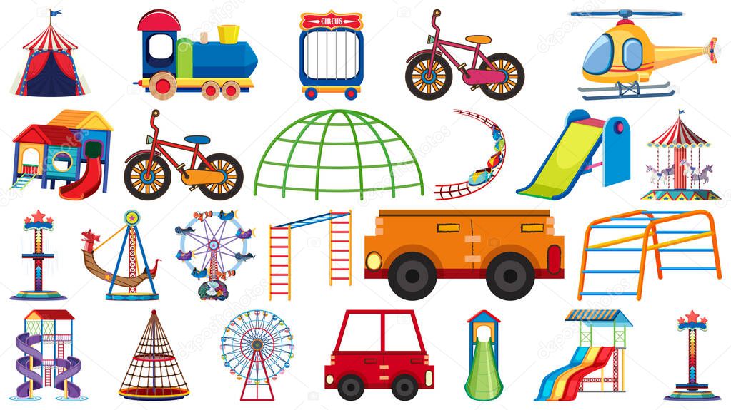 Large set of different rides and transportations on white background illustration