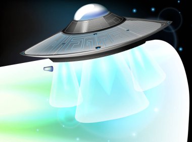 Karanlık gökyüzünde uçan bir UFO ile arka plan sahnesi