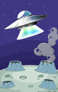 Karanlık gökyüzünde uçan bir UFO ile arka plan sahnesi