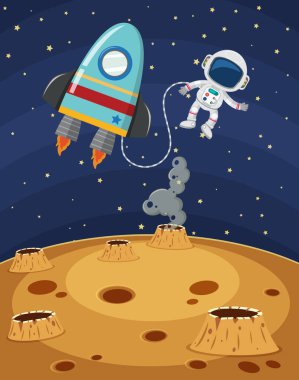Uzay çiziminde uçan astronot ve uzay gemisi sahnesi