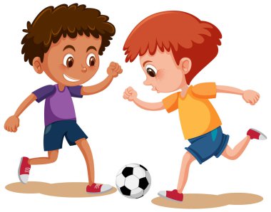 Mutlu çocuklar beyaz arka planda futbol oynuyor.