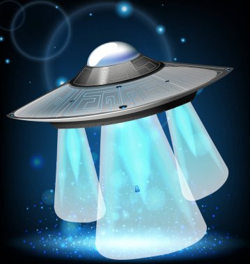 Karanlık gökyüzünde uçan bir UFO ile arka plan sahnesi