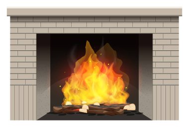 İçinde ahşap ateş olan şömine.