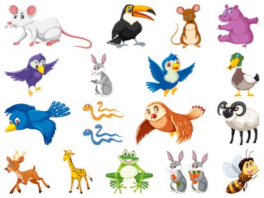 Beyaz arkaplanda geniş bir vahşi hayvan kümesi