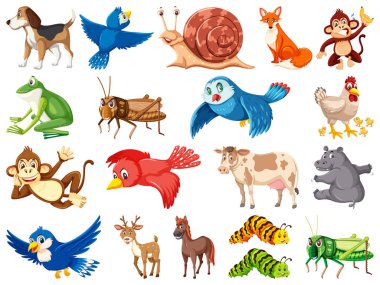 Beyaz arkaplanda geniş bir vahşi hayvan kümesi