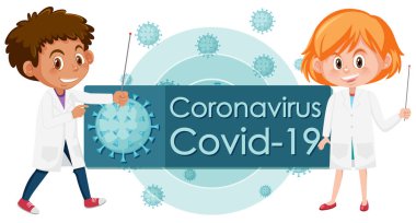 Doktorlar ve virüs hücreleri çizimleriyle Coronavirus poster tasarımı