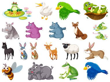 Beyaz arkaplanda geniş bir vahşi hayvan kümesi