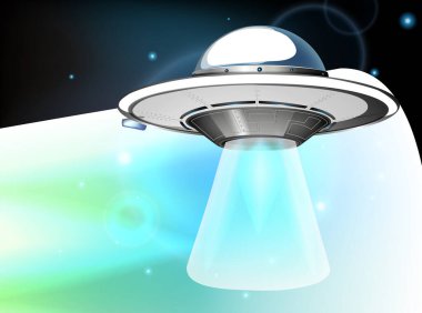 Karanlık gökyüzünde uçan bir UFO ile arka plan sahnesi