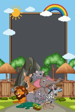 Arkaplanda birçok vahşi hayvanın yer aldığı sınır şablonu tasarımı