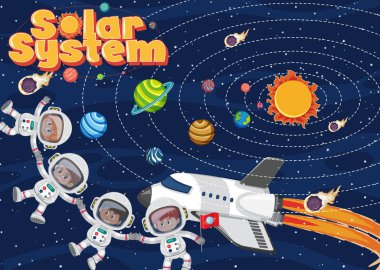 Uzay çiziminde birçok astronotun olduğu arkaplan sahnesi