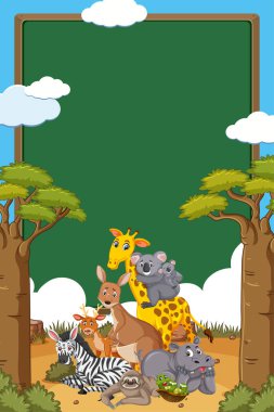 Arkaplanda birçok vahşi hayvanın yer aldığı sınır şablonu tasarımı