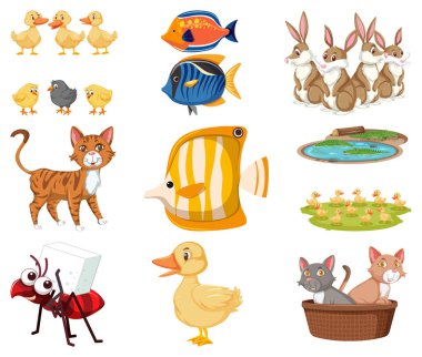 Büyük beyaz arkaplan illüstrasyonunda farklı oyuncaklar ayarladı