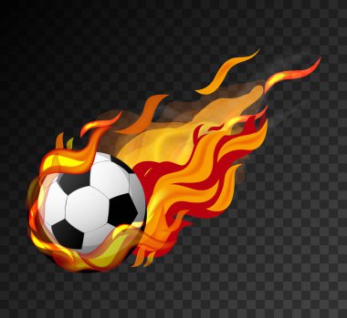 Siyah arkaplanda büyük alev atışları olan futbol topu