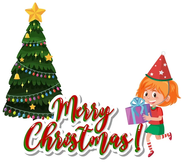 Font Design Template Merry Christmas Girl Tree Illustration — Stockový vektor