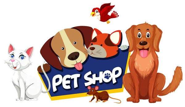 Font Design Pet Shop Many Cute Animals Illustration — Stock Vector