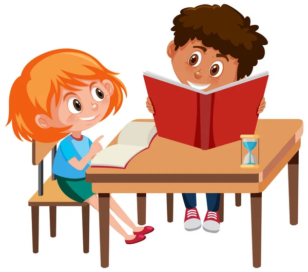 Junge Und Mädchen Lesen Buch Auf Dem Tisch Illustration — Stockvektor
