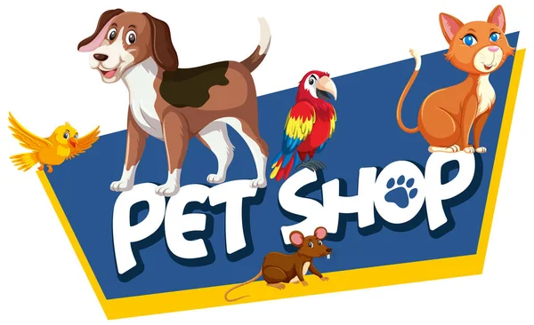 Carattere Modello Design Parola Pet Shop Con Molti Animali Illustrazione — Vettoriale Stock