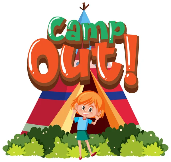 Font Design Template Word Camp Out Happy Girl Park Illustration — Stock Vector