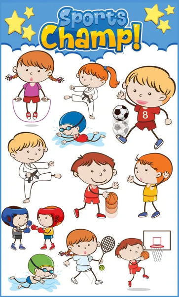 Grand Ensemble Enfants Jouant Différentes Illustrations Sportives — Image vectorielle