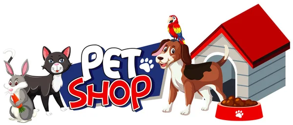 Font Design Pet Shop Many Cute Animals Illustration — Stock Vector