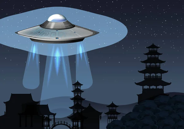 Hintergrundszene Mit Ufo Das Dunklen Himmel Fliegt — Stockvektor