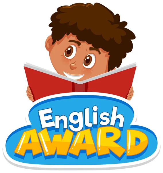 Font Design English Award Happy Boy Reading Book Illustration — Stock Vector