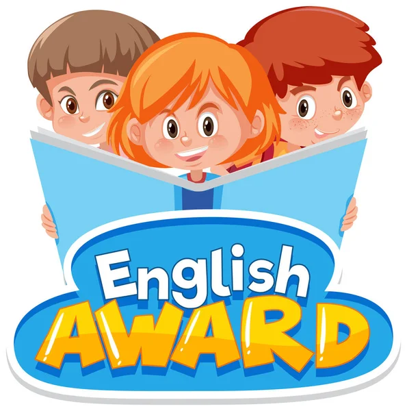 Font Design English Award Three Children Reading Big Book Illustration — Stock Vector