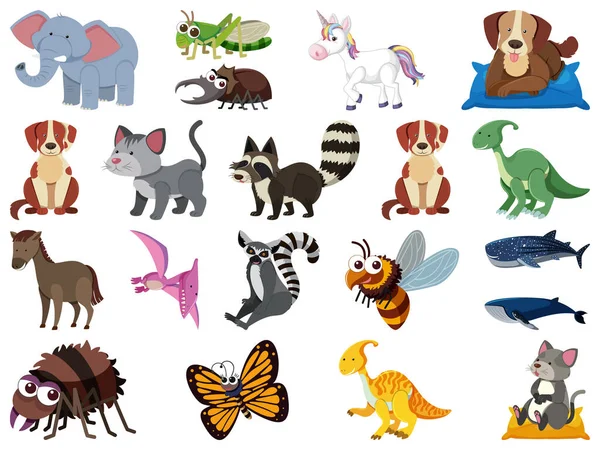 Large Set Wild Animals White Background Illustration — Stock Vector