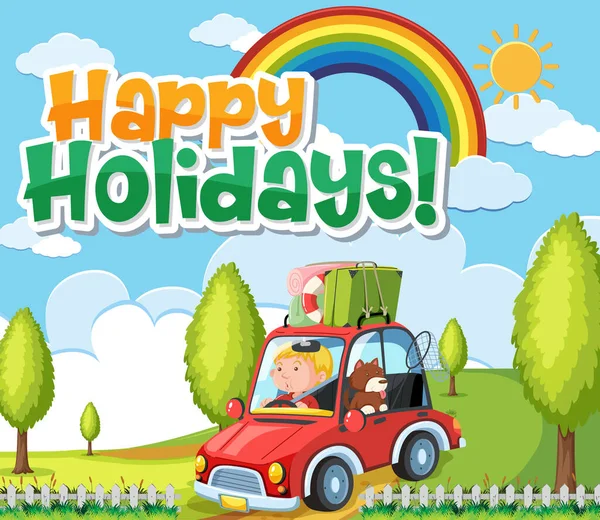 Scene Man Driving Field Word Happy Holidays Sky Illustration — Stock Vector