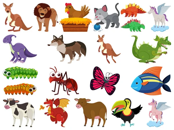 Large Set Wild Animals White Background Illustration — Stock Vector