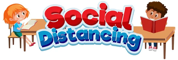 Sosyal uzaklık ve mutlu çocuk illüstrasyonu için yazı tipi tasarımı