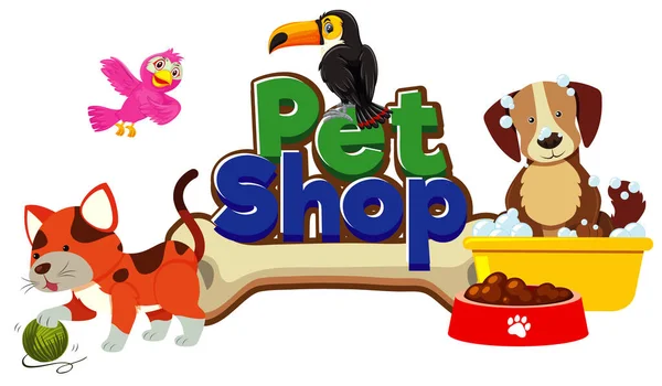 Design Fonte Para Pet Shop Com Muitos Animais Bonitos Ilustração — Vetor de Stock