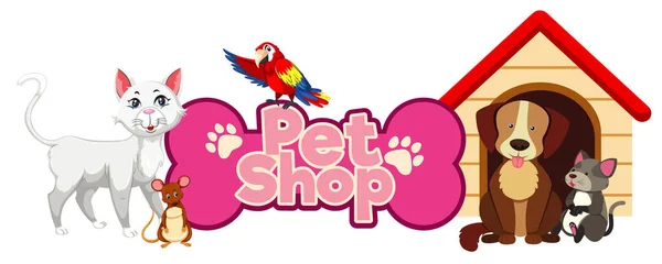 Font Design Pet Shop Many Cute Animals Illustration — Stock Vector