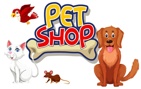 Font Design Pet Shop Many Cute Animals Illustration — Stock Vector