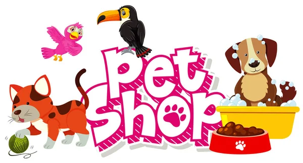 Design Fonte Para Pet Shop Com Muitos Animais Bonitos Ilustração — Vetor de Stock