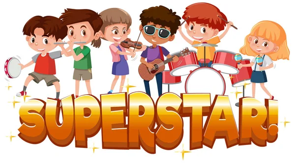Návrh Písma Pro Word Superstar Kids Playing Instruments Illustration — Stockový vektor