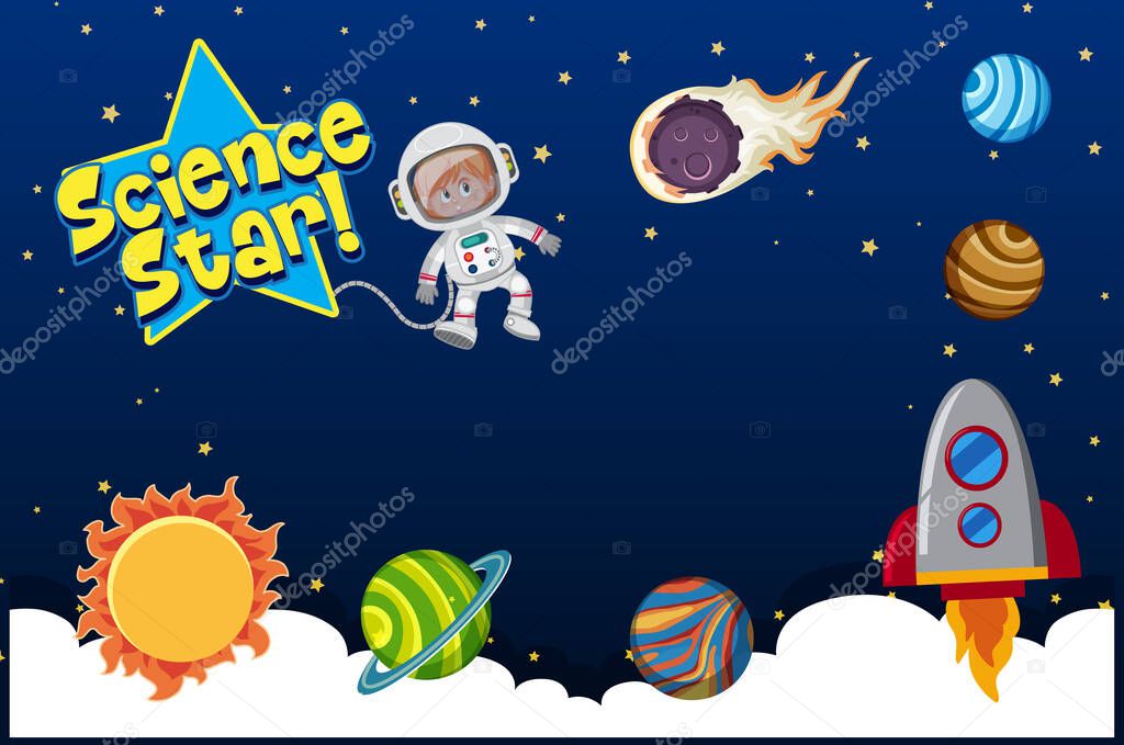 Background design with astronaut and many planets in solar system illustration