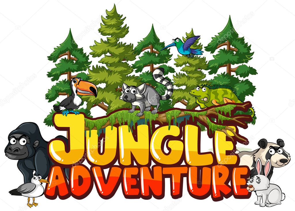 Word design for jungle adventure with many animals  illustration