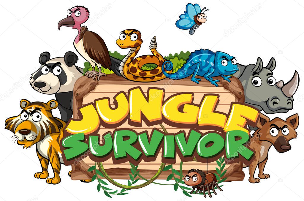 Font design for word jungle survivor with wild animals in background illustration