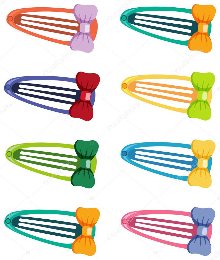 Set of hair barrettes in different color on white background illustration