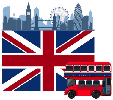 Beyaz arkaplan resimlerinde İngiltere bayrağı ve otobüsü