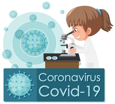 Coronavirus poster tasarımı. Doktor virüs hücre çizimine bakıyor.