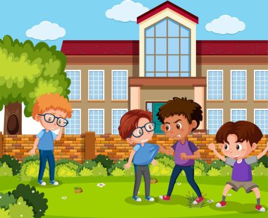 Park illüstrasyonunda arkadaşlarına zorbalık eden bir çocuk sahnesi