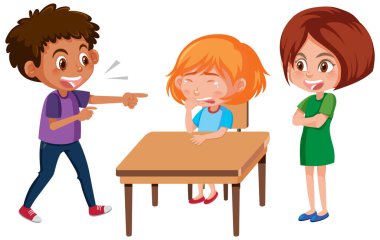 Beyaz arkaplan illüstrasyonunda çocukların diğerlerine zorbalık ettiği aile içi şiddet